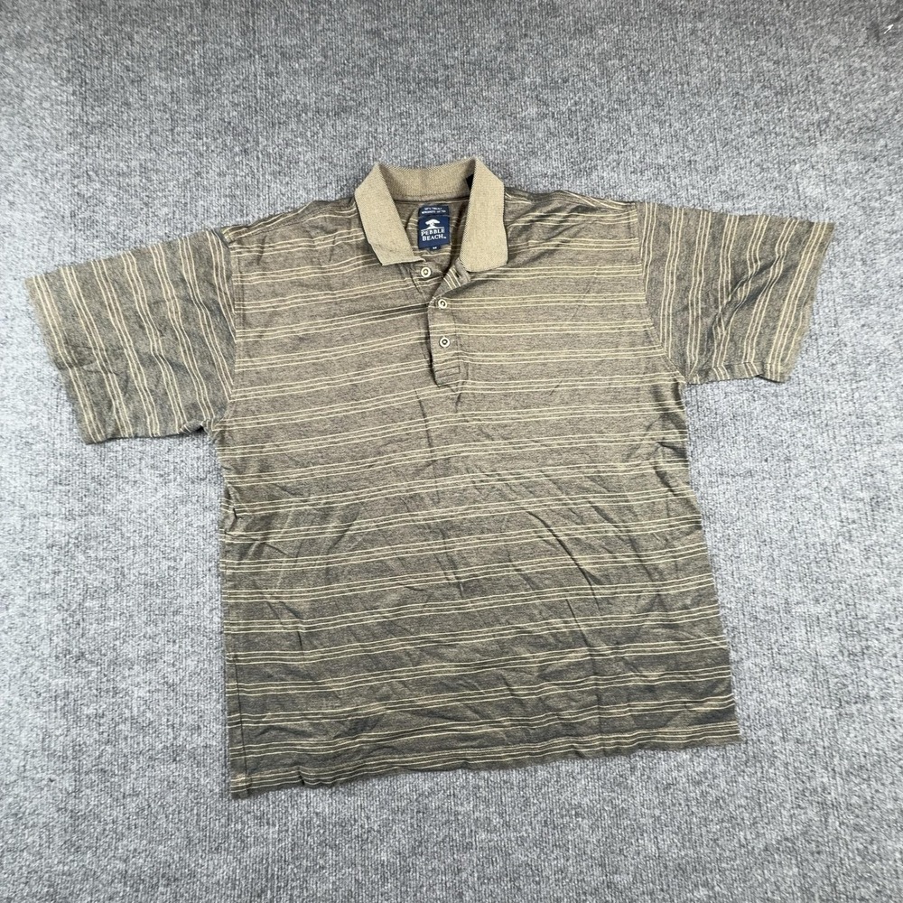 Pebble Beach Polo Shirt Mens Medium Brown Striped Mercerized Cotton Golf Casual